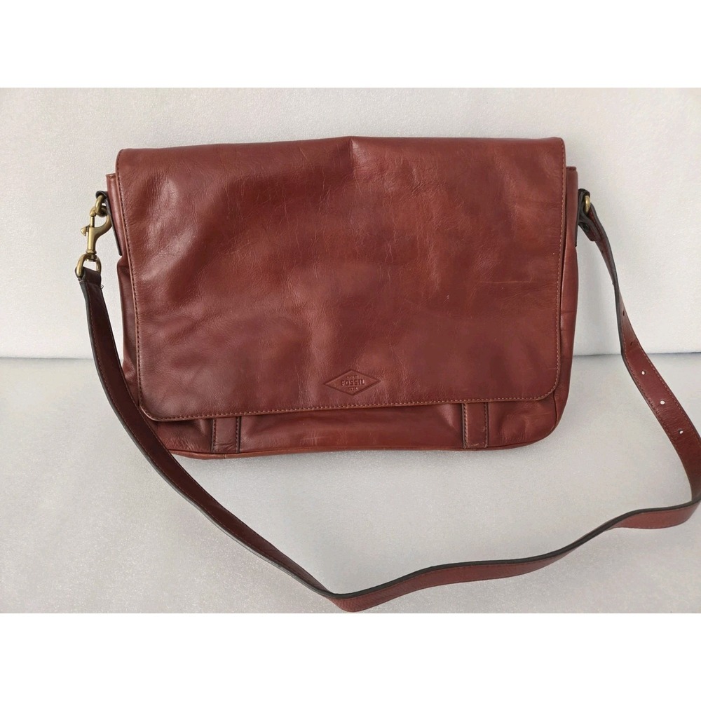 Fossil Explorer Lg Brown Leather Fold Over Messenger Satchel Bag 12"x18" Vintage